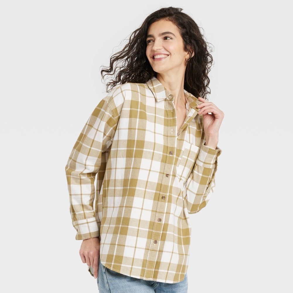 Universal Thread Mustard and White Plaid Button-Up Shirt